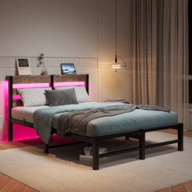 Full Size Metal Bed Frame With Wooden Headboard, RGB Lights, Charger, Storage Shelf, Noise-Free, No Box Spring Needed,Rustic Brown (Option: BeigeBrown)