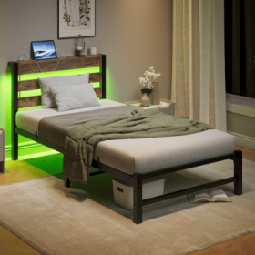 Twin Size Bed Frame Heavy Duty Platform Bed Frame With Headboard, USB Charging Station, LED Bed, No Box Spring Needed, Mattress Foundation, Stron (Option: BeigeBrown)